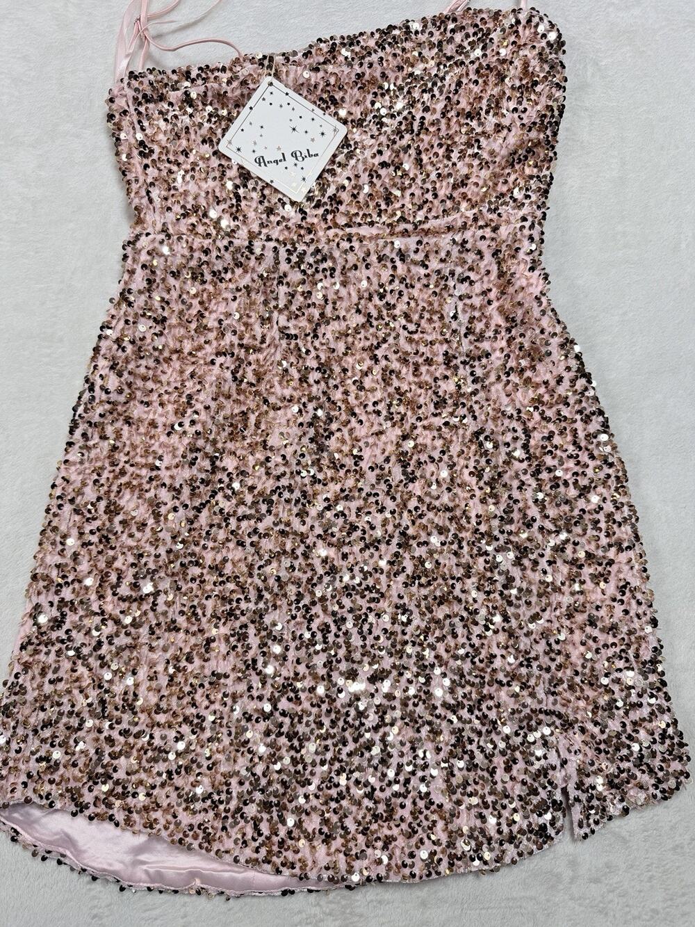 Angel Biba NWT Blush Sequin Mini Dress Rose Gold Cocktail Party Wedding Guest M - Picture 1 of 16